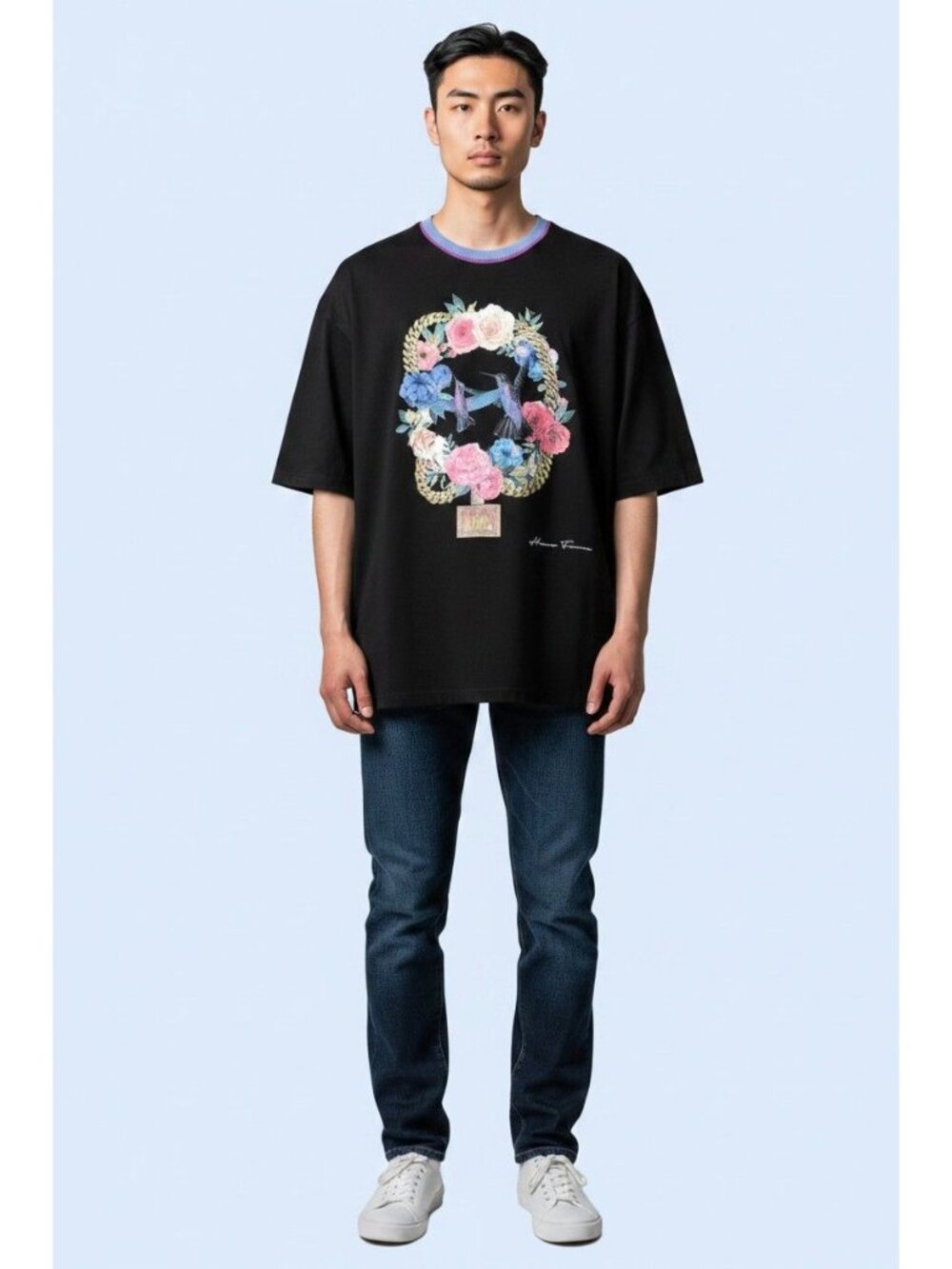 Homme Femme Graphic T-Shirt XX Large Black Floral Hummingbird Chain Streetwear